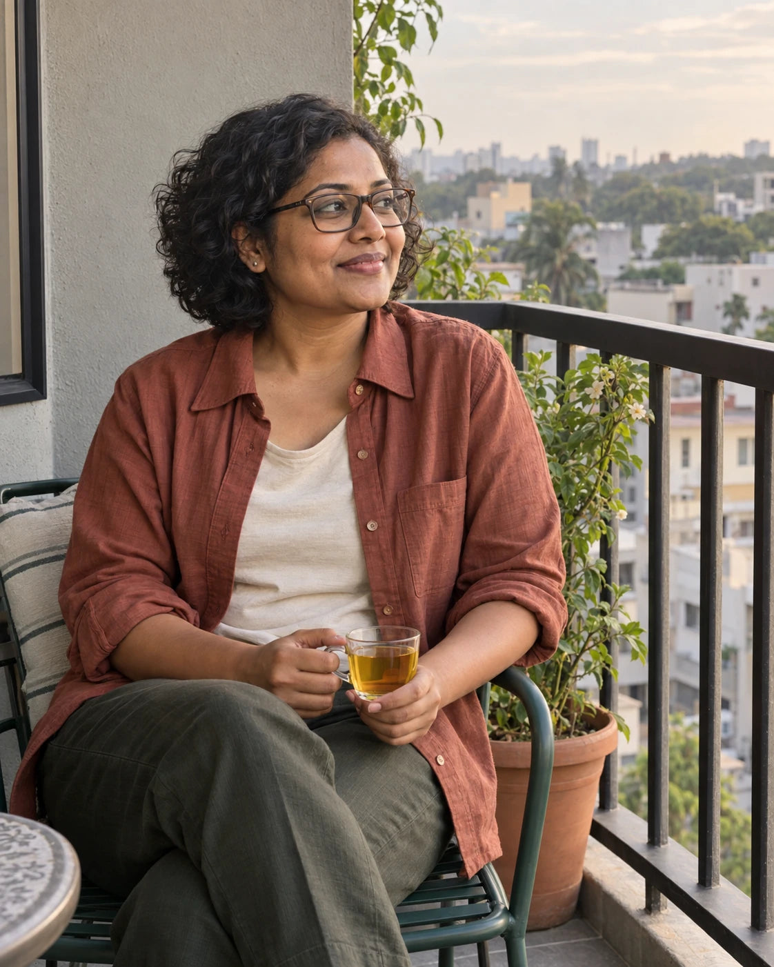 A woman enjoying a quiet tea break on a leafy balcony.