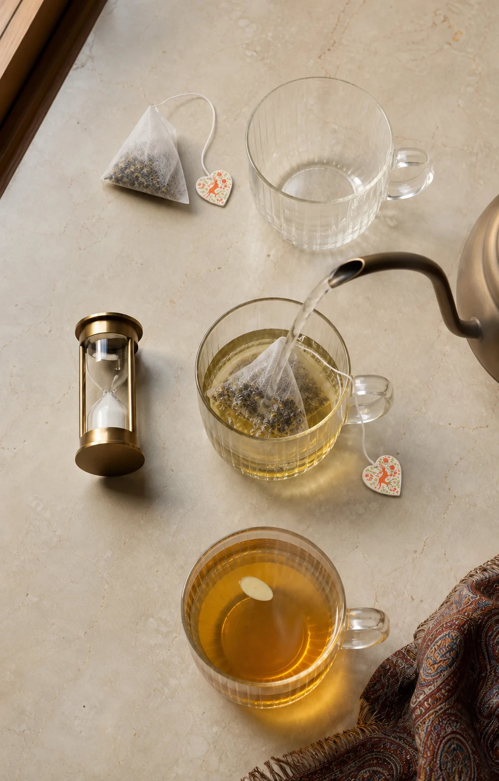 A clear cup of Kehwah with tea ingredients arranged for brewing
