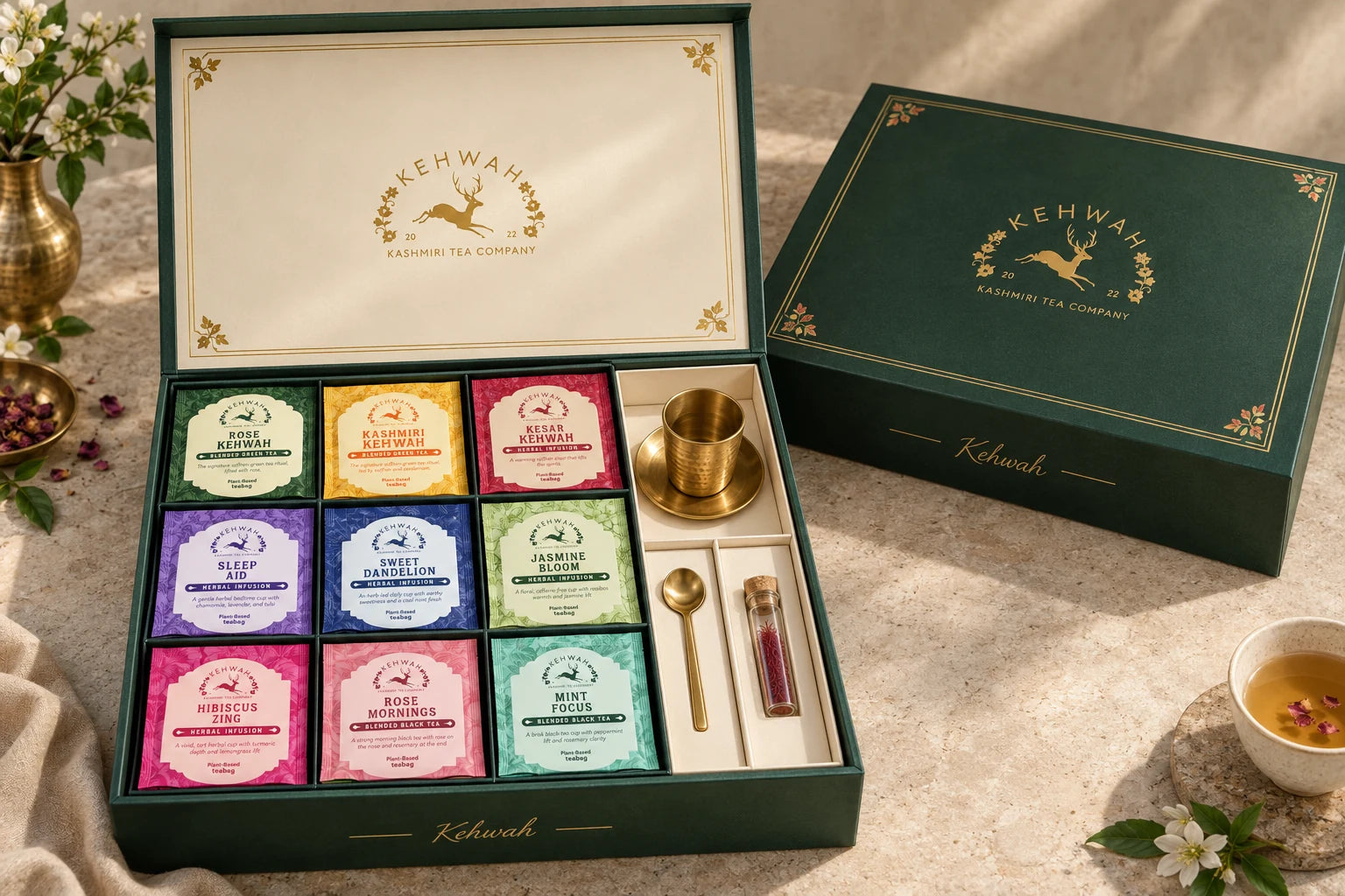 Grand Brass Ritual hard gift box with nine tea blends, a brass khosa on its plate, teaspoon and saffron