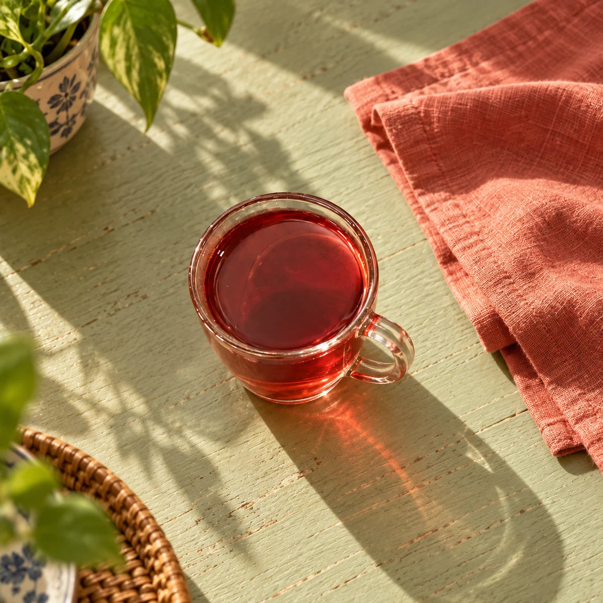 Ruby hibiscus tea on a green table with soft coral linen