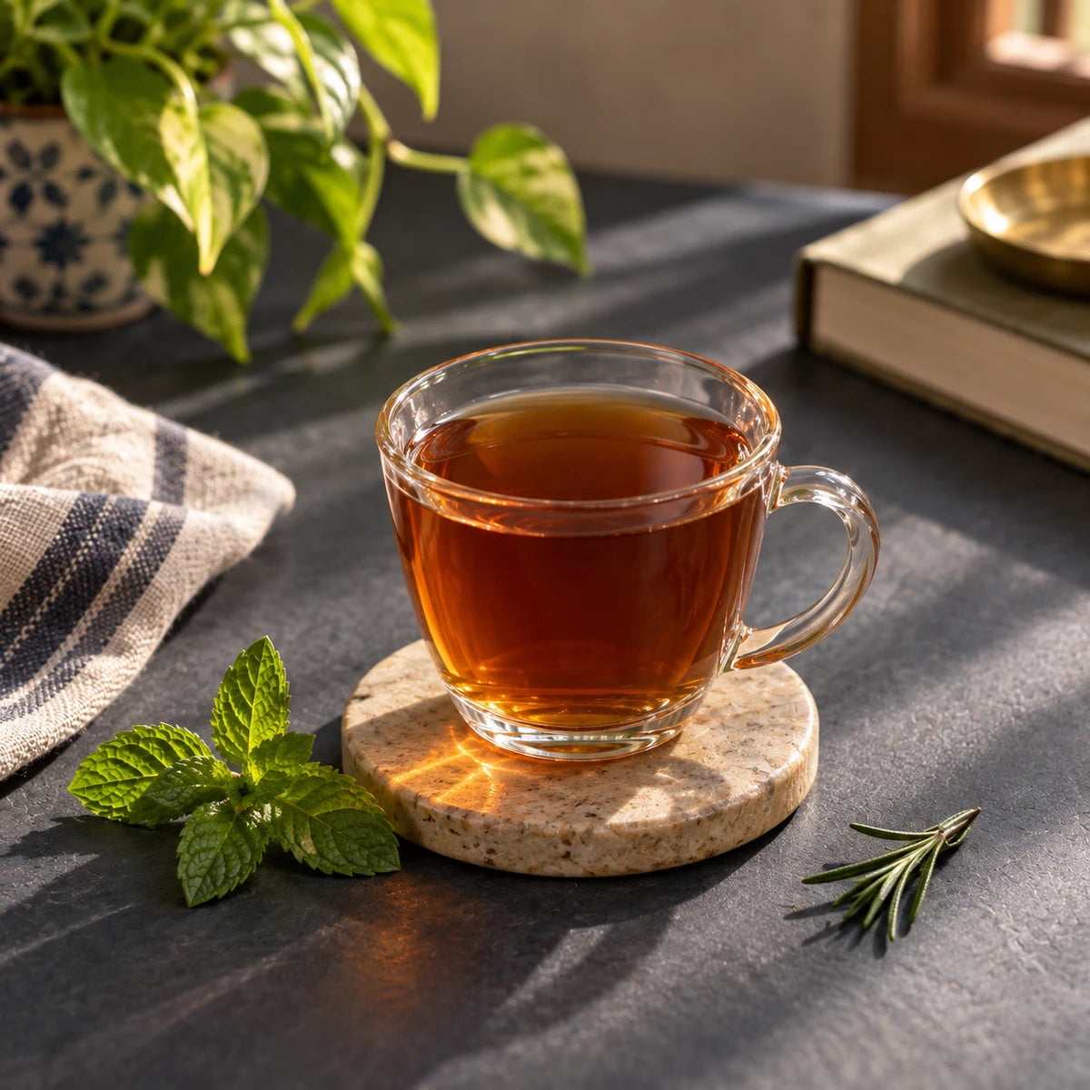 Amber mint black tea on a stone coaster beside mint and rosemary