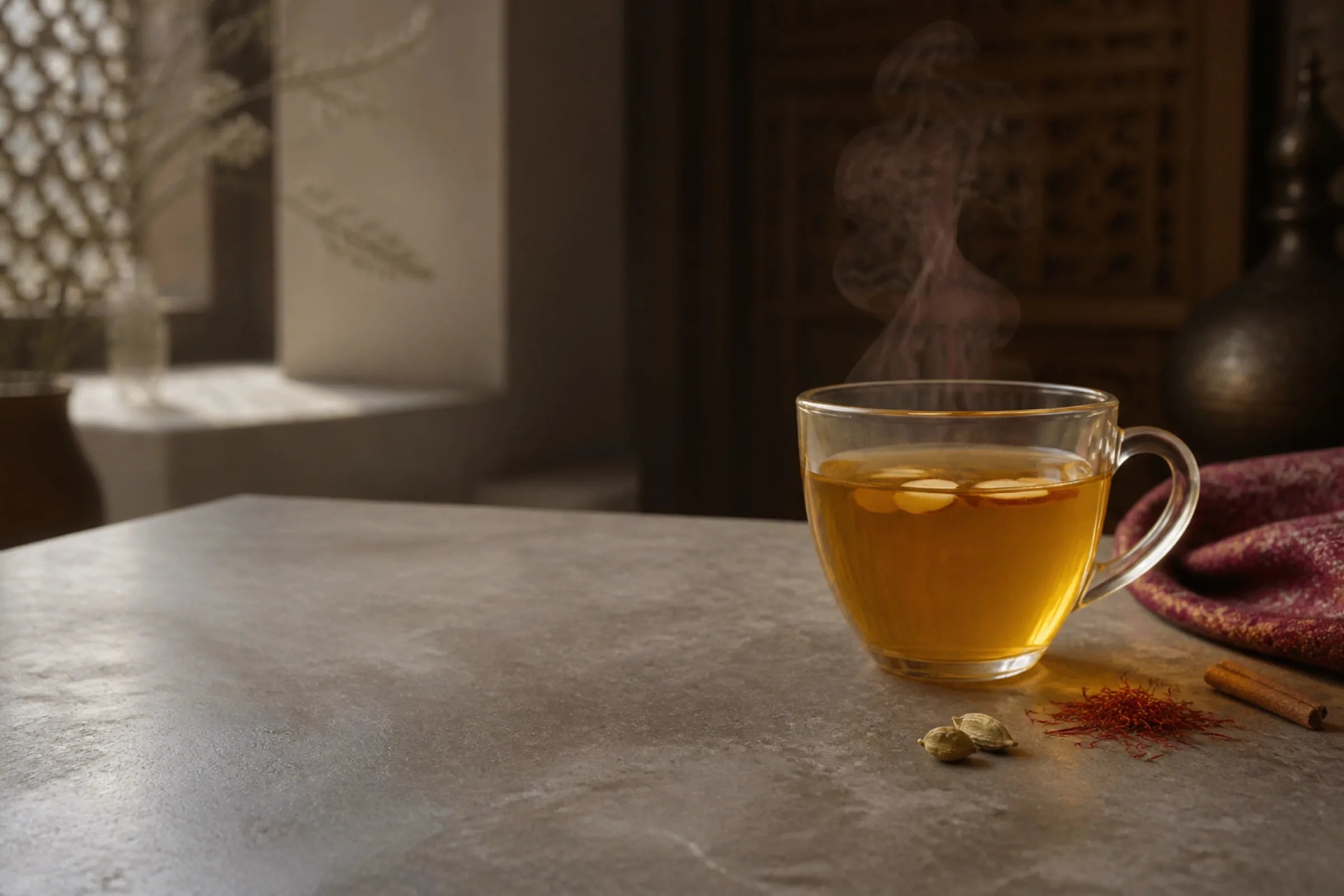 Clear golden Kehwah with saffron and spice
