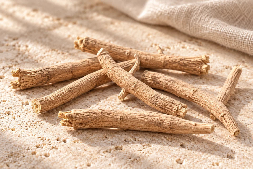 Dried ashwagandha roots with pale cut ends on warm limestone