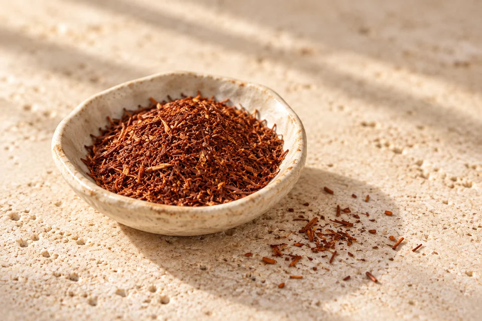 Fine copper-coloured rooibos leaves in a shallow ceramic dish