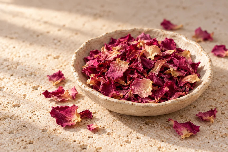 Dried pink and magenta rose petals in an ivory ceramic dish