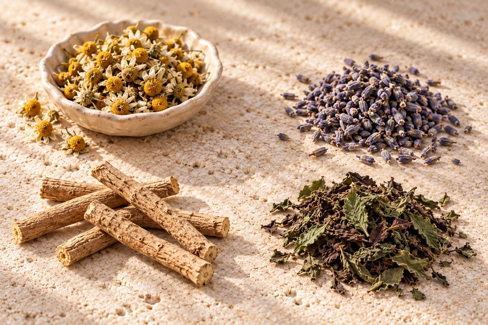Dried chamomile, lavender, ashwagandha and tulsi arranged on warm limestone