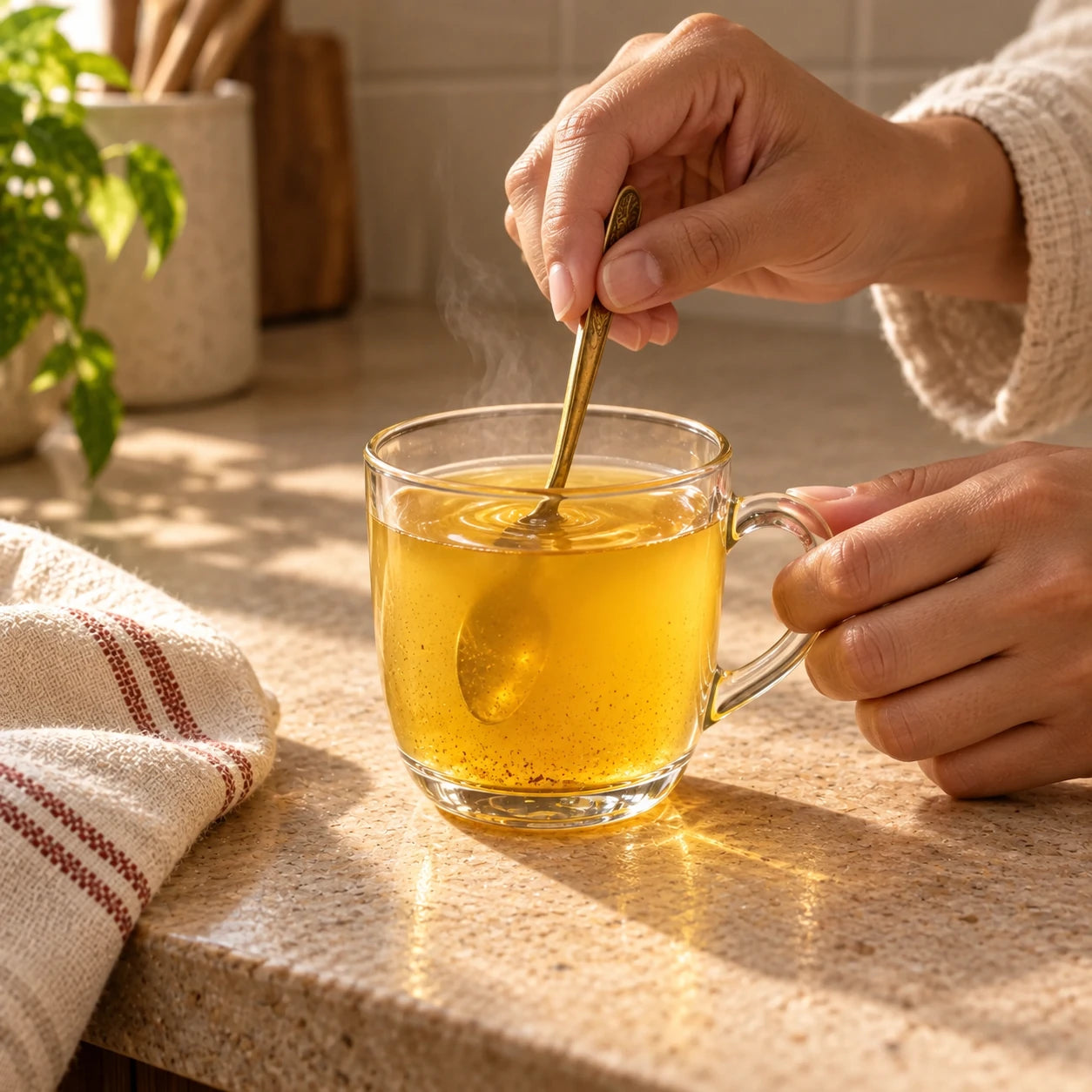 Stirring a cup of No Sugar Instant Kehwah
