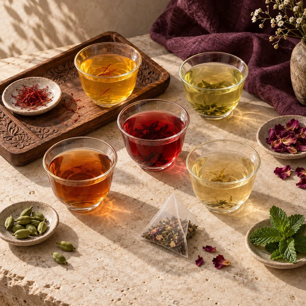 Serving suggestion: five brewed teas with saffron, cardamom, rose and mint. Your assortment arrives in a brown stand-up pouch; cups and props are not included.