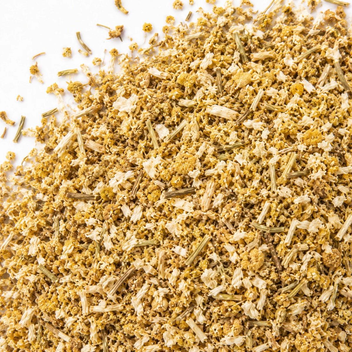 Dried chamomile flowers on a white background
