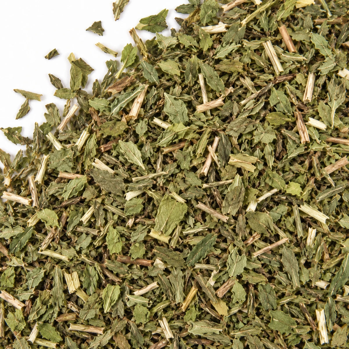 Dried spearmint leaves on a white background