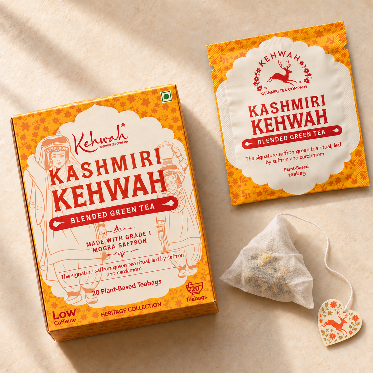 Kashmiri Kehwah carton, sachet and pyramid tea bag.