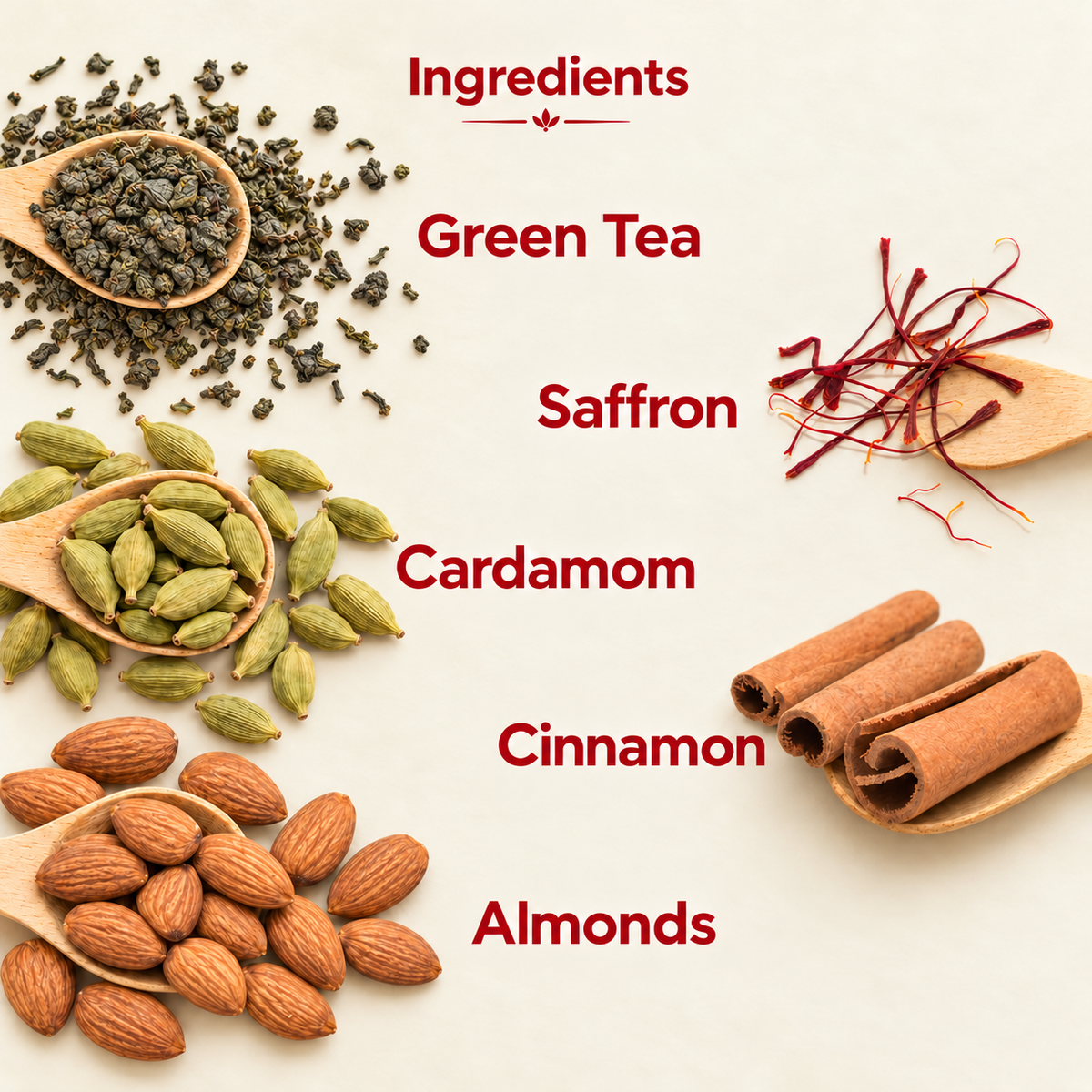Green tea, saffron, cardamom, cinnamon and almonds in Kashmiri Kehwah.