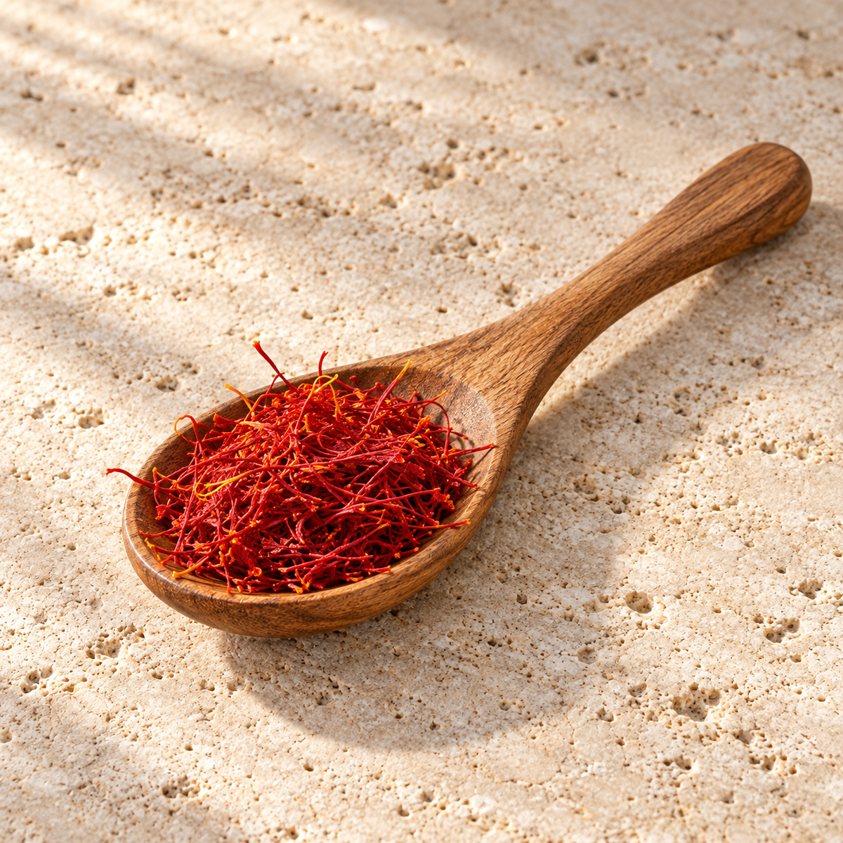 Crimson saffron threads in a wooden spoon on pale stone