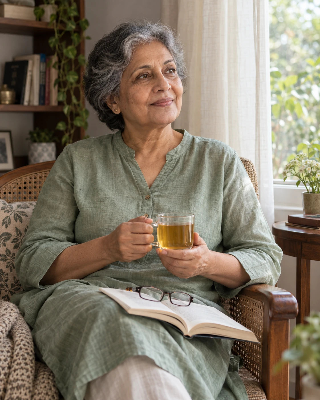 An older woman enjoying a cup of tea with a book on her lap.