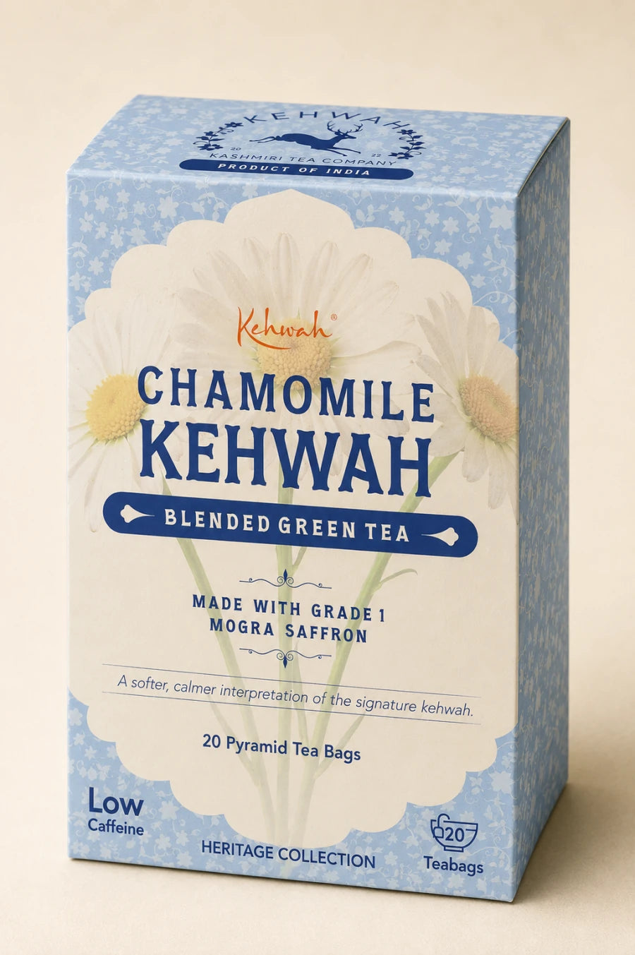 Chamomile Kehwah powder-blue carton with floral details