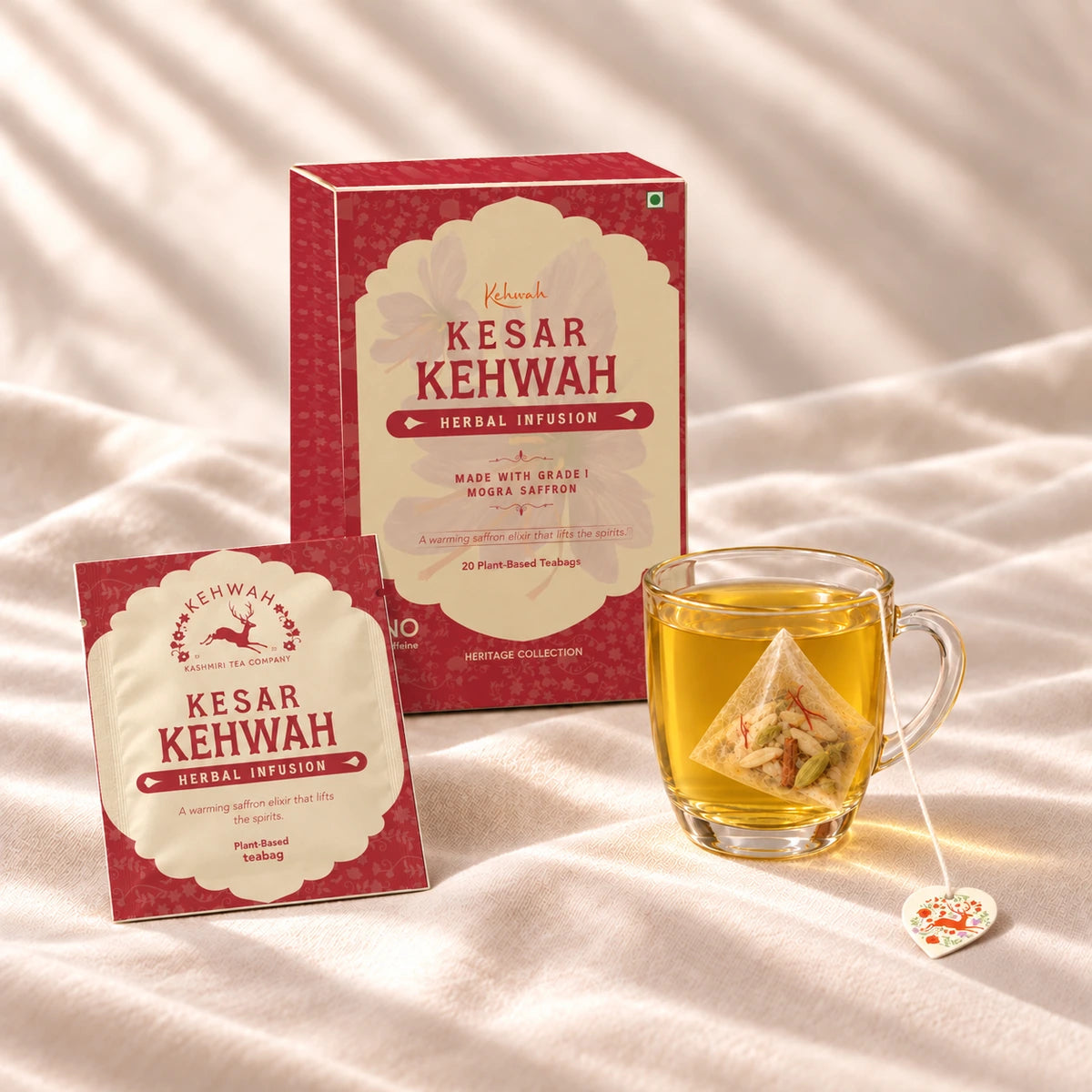 Kesar Kehwah carton and individually wrapped tea bag
