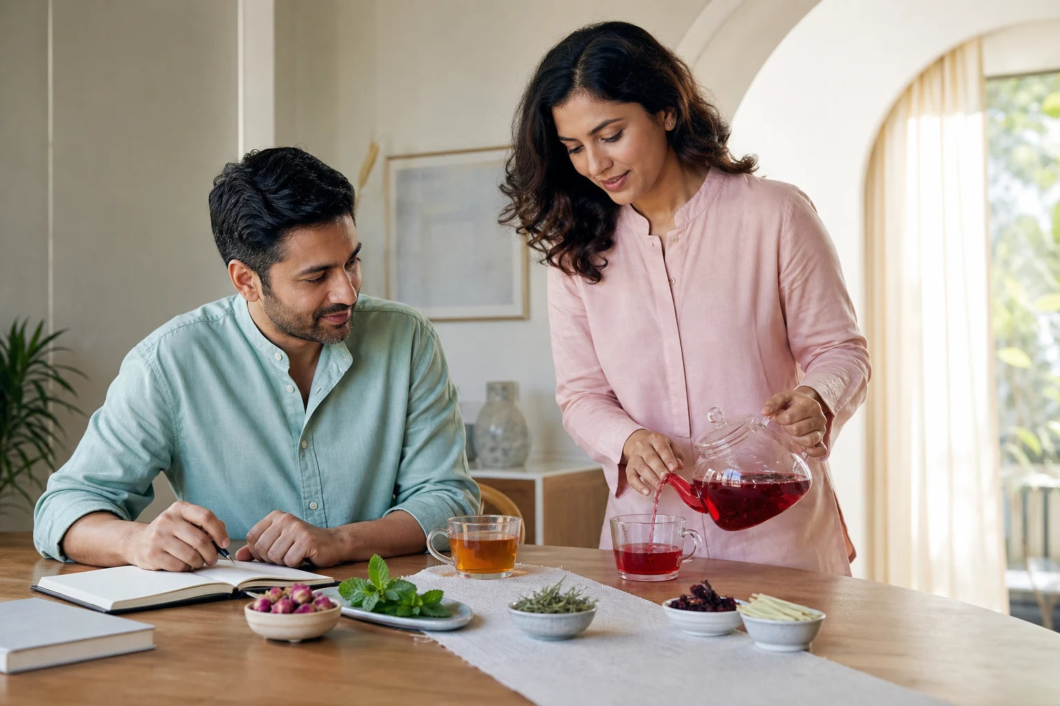 Two adults pouring vivid herbal and amber tea at a bright everyday table