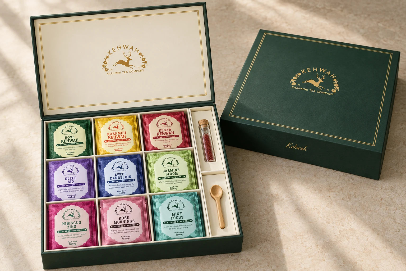 Saffron Ritual hard gift box with nine tea blends, saffron and a wooden spoon