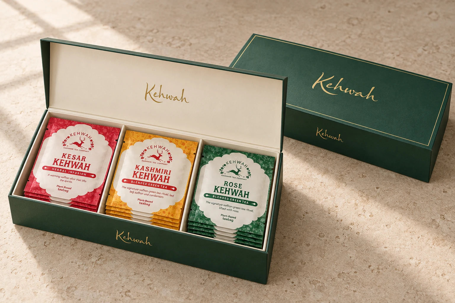 Kashmir Trio forest-green hard gift box with Kesar, Kashmiri and Rose Kehwah tea sachets