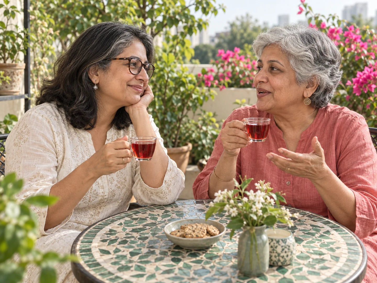 Two women sharing ruby-red Hibiscus Zing on a terrace.
