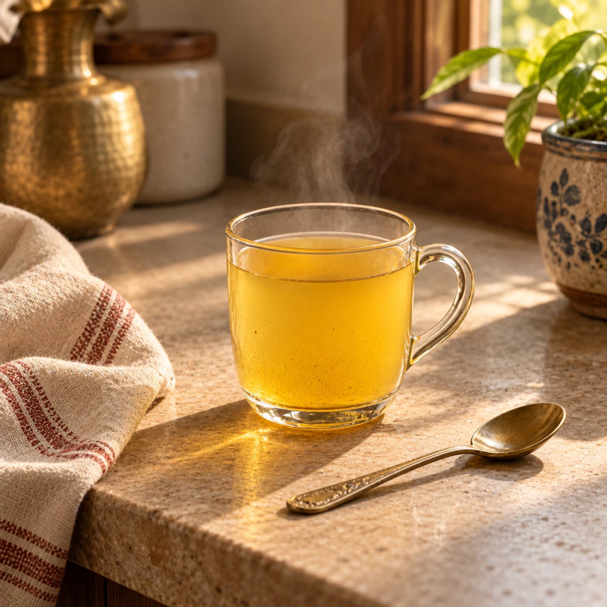 A golden instant cup with fine spice beside a small spoon