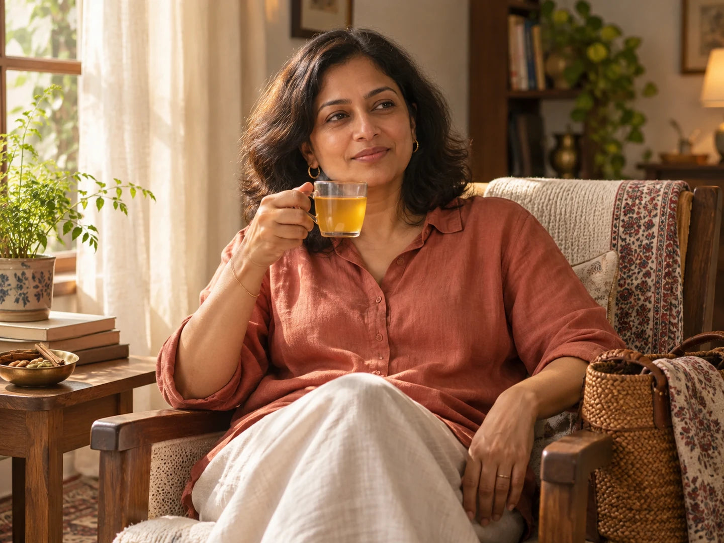 A woman enjoying golden sweetened Kehwah in a window chair.