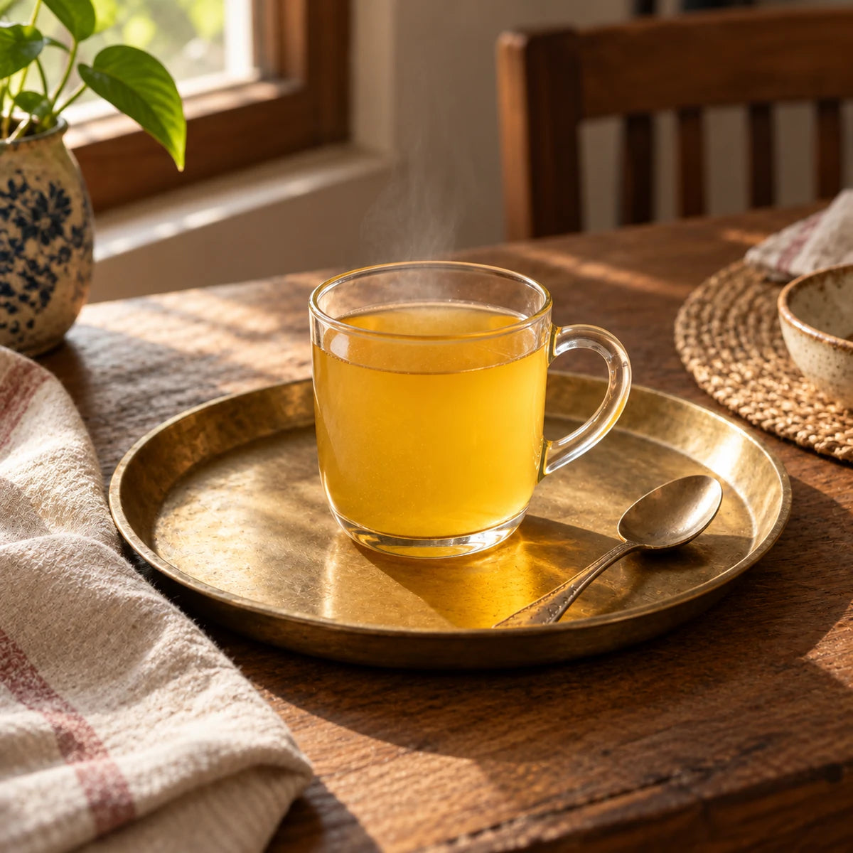 Golden sweetened instant Kehwah on a brass tray