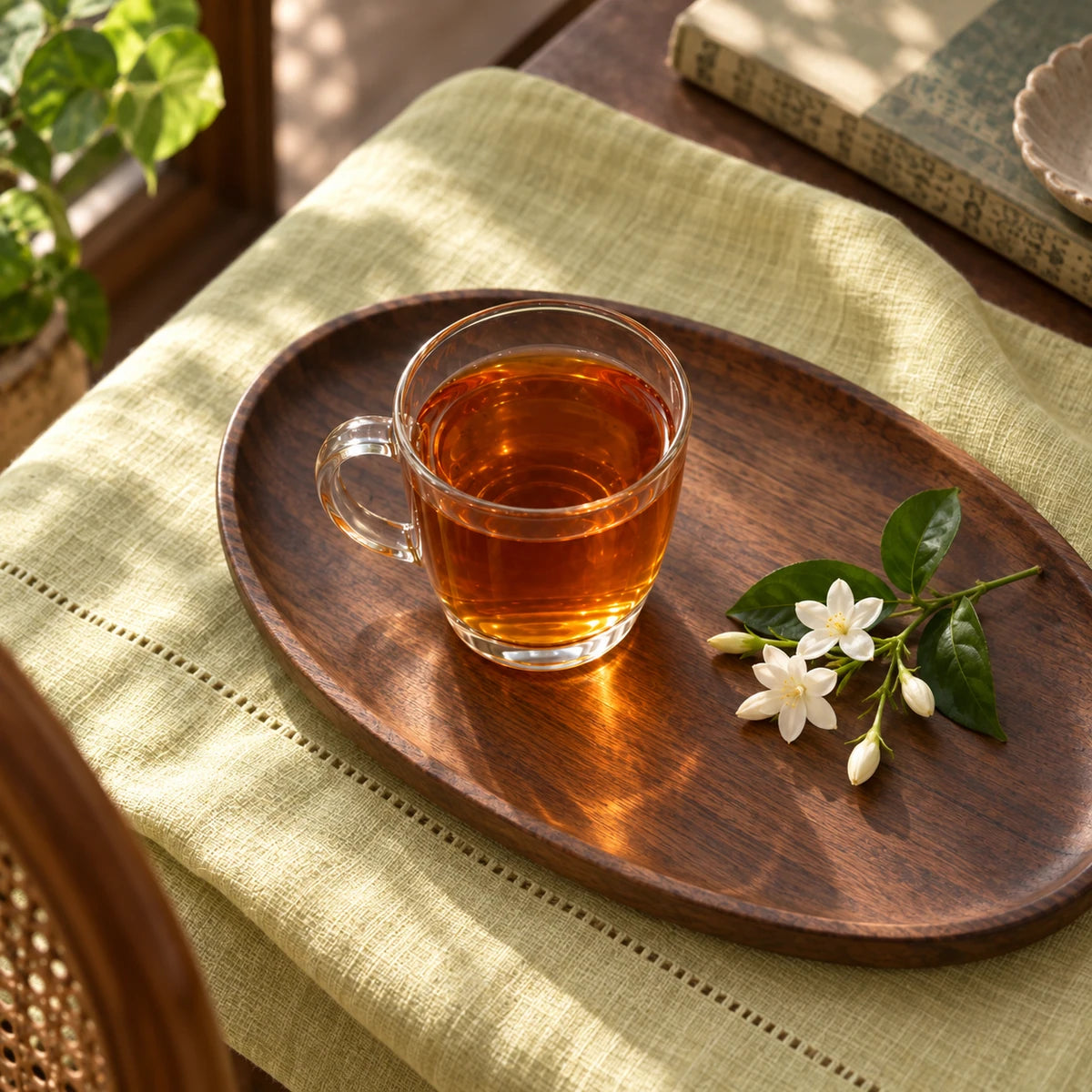 Amber Jasmine Rooibos on a walnut tray with pale green linen