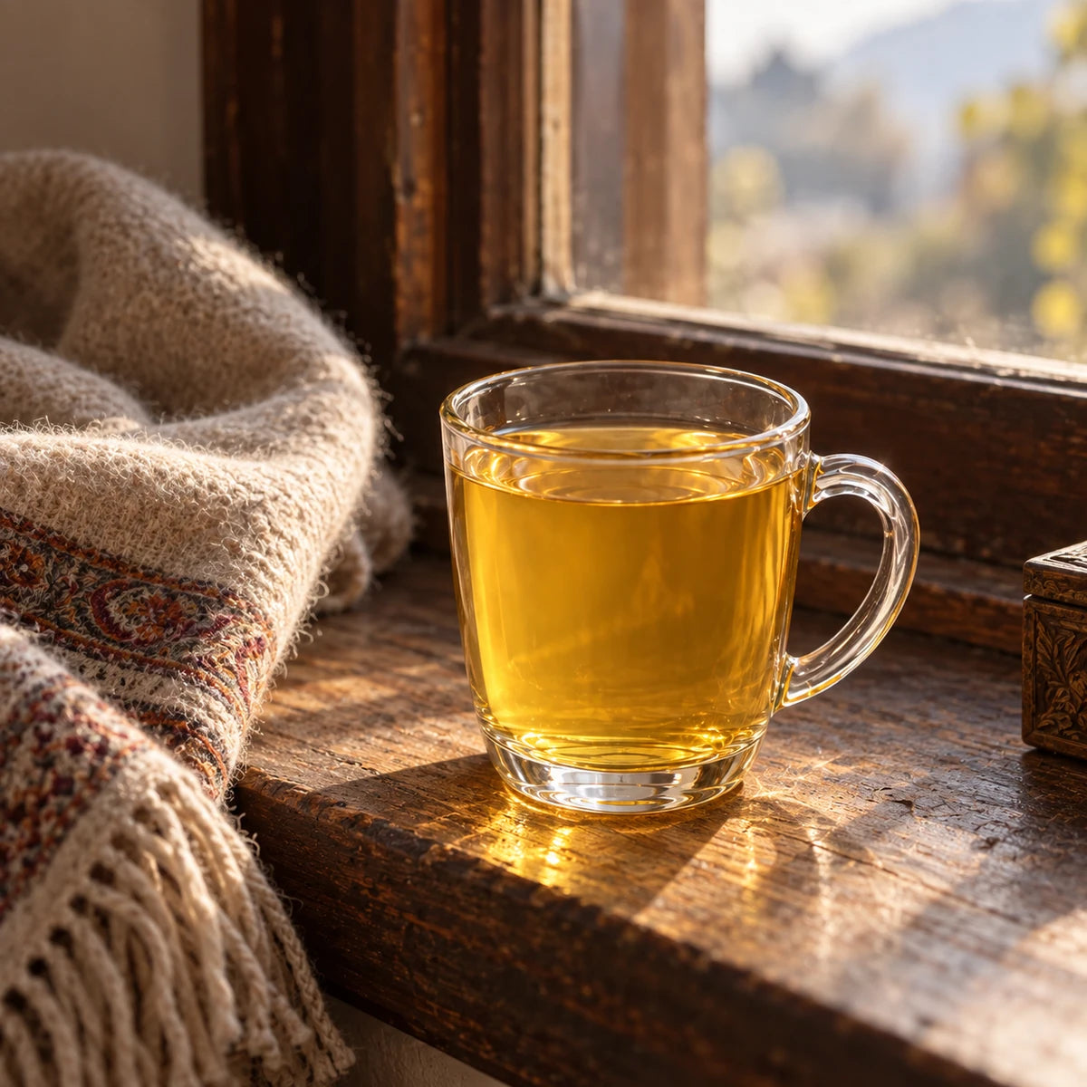 A small golden cup beside a wooden window and a soft shawl