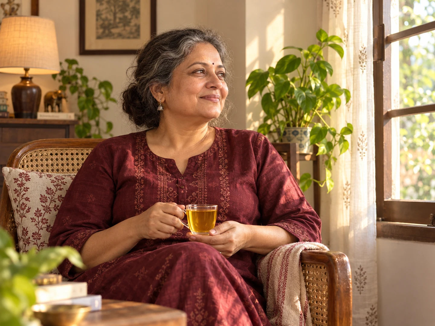A woman relaxing with golden Kesar Kehwah beside a window.