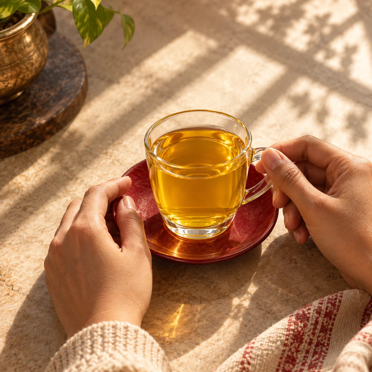 Golden Kesar Kehwah on a terracotta saucer in warm light