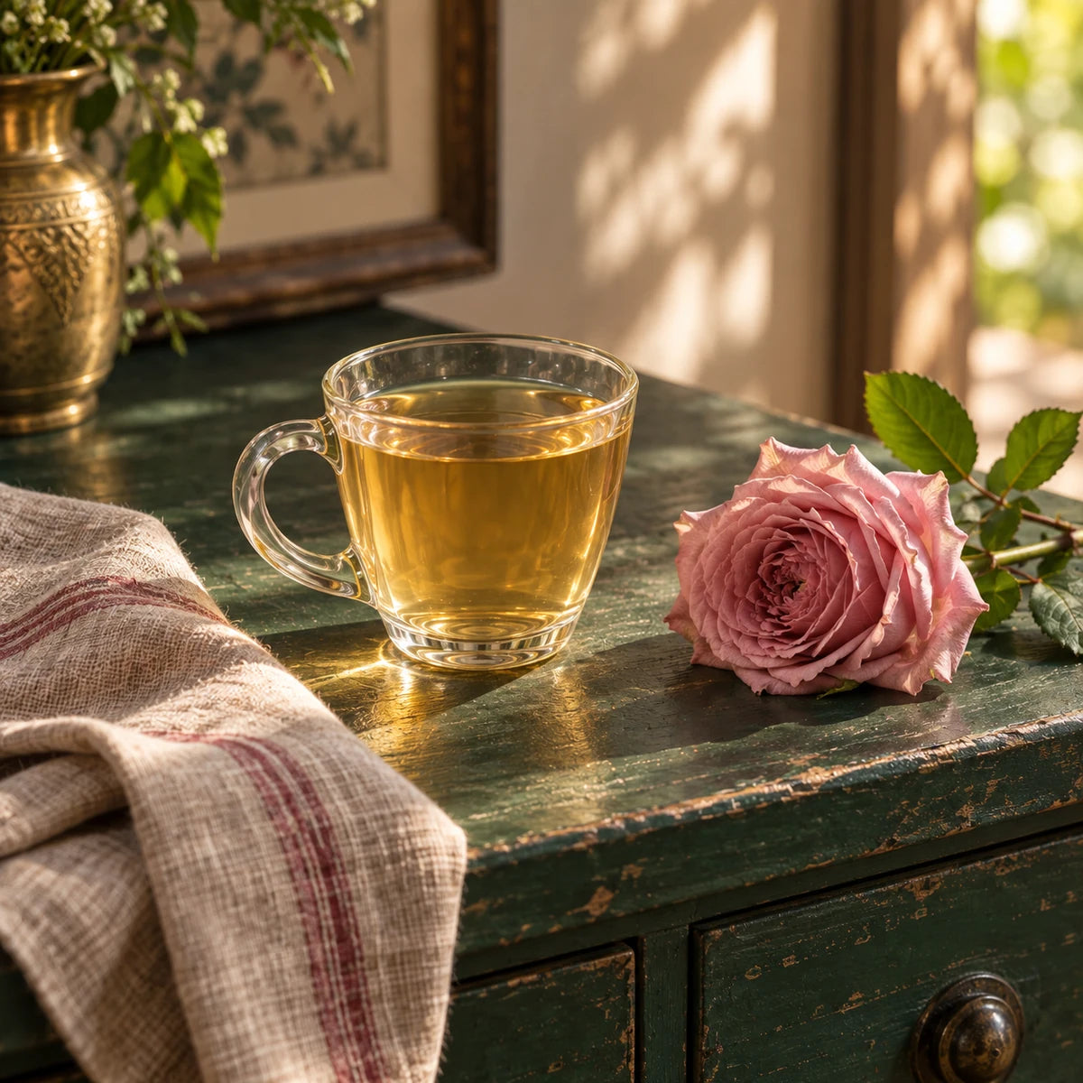 A golden cup beside a rose on a quiet green sideboard