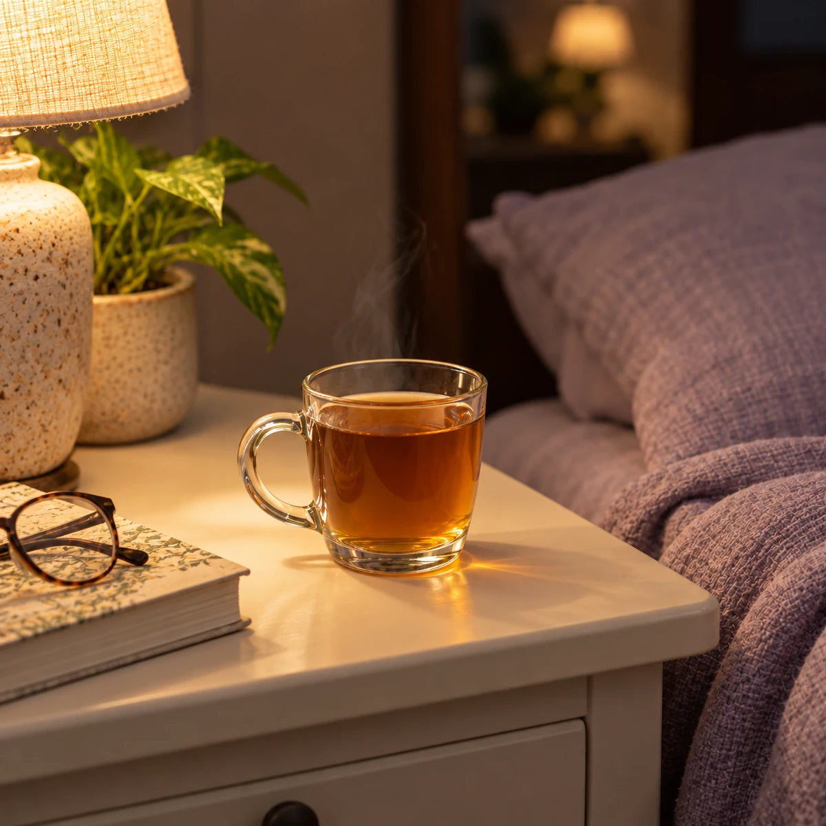 An amber herbal cup beside a book and a softly lit bedside lamp