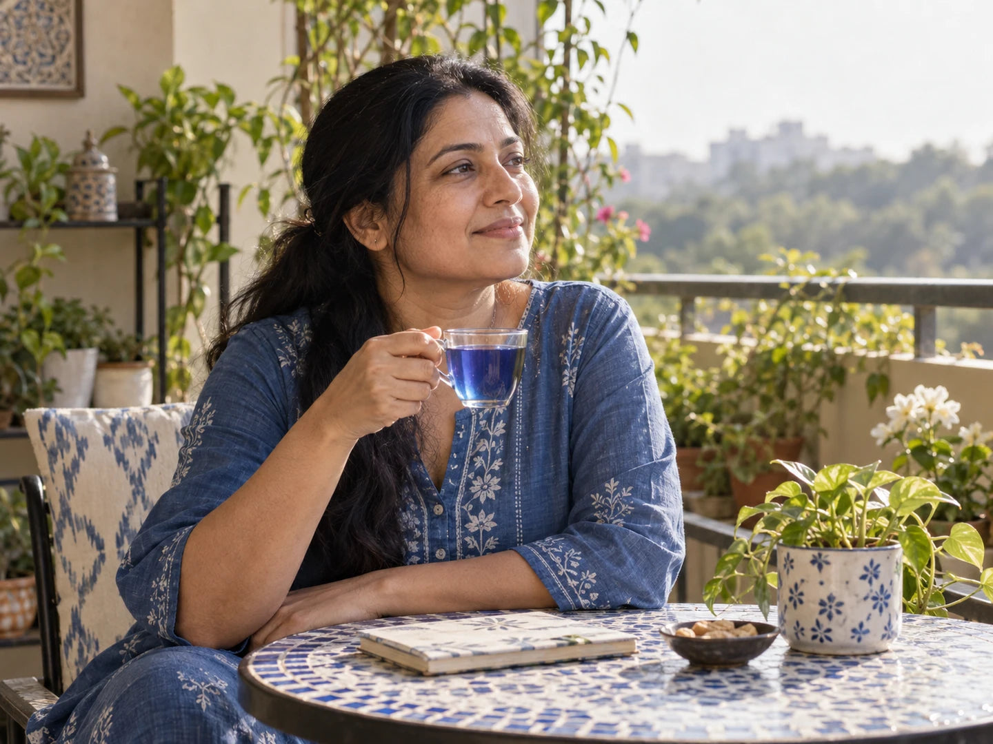 A woman enjoying a blue herbal cup at a sunny balcony table.