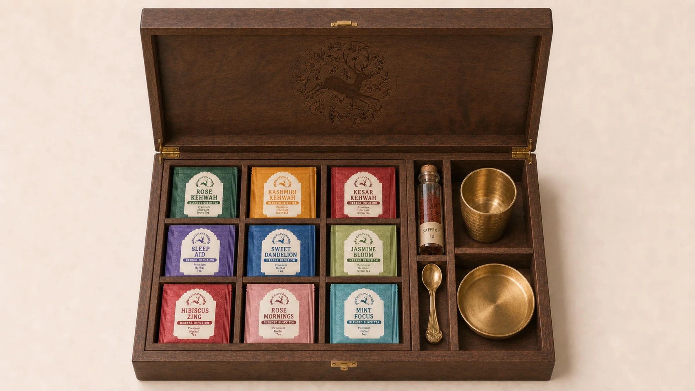 Grand Brass Ritual Chest with nine tea compartments and brass service