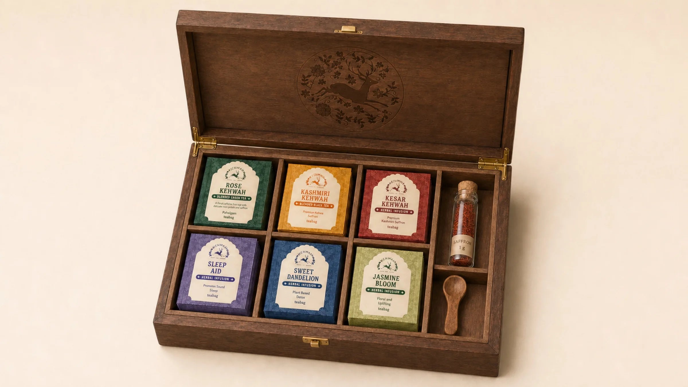 Saffron Ritual Chest presentation study with saffron and a mango-wood spoon