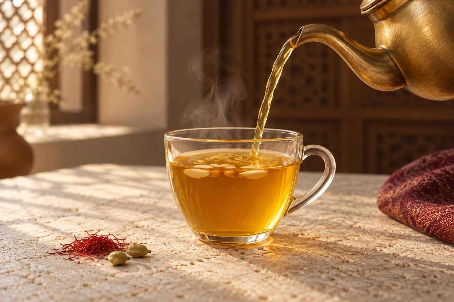 Golden saffron tea poured from a brass teapot into a clear glass cup.