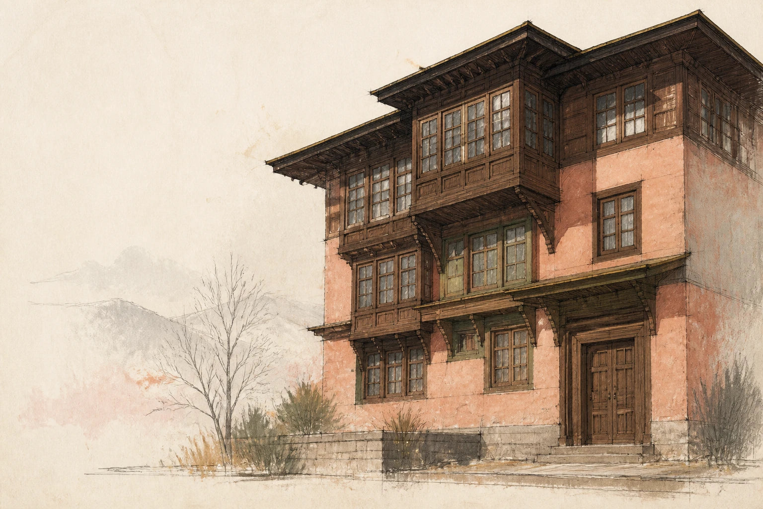 Ink-and-wash architectural study of a salmon-coloured Kashmiri house with dark timber windows and faint mountain forms