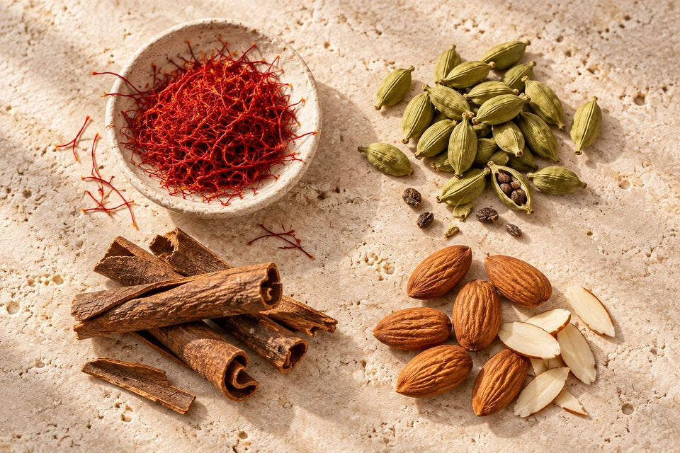 Cardamom, Almonds, Cinnamon, Green Tea, Saffron