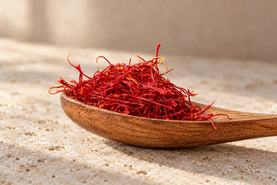 Crimson saffron threads in a wooden spoon on pale stone