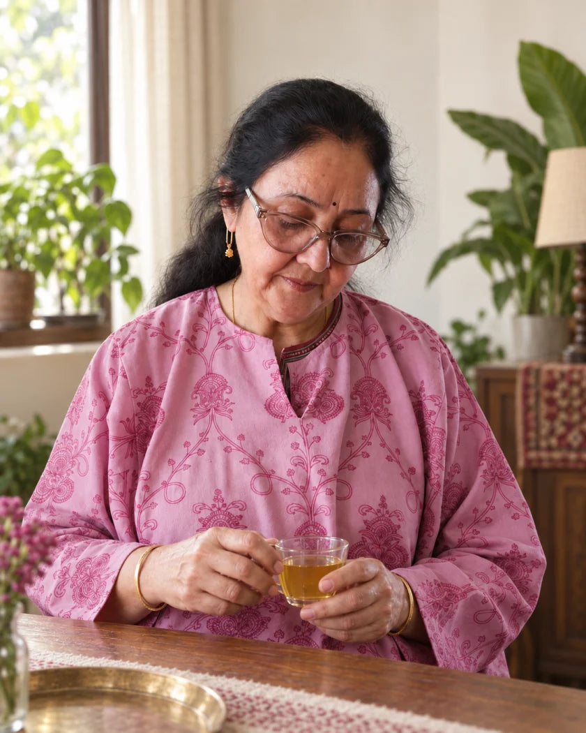 Ma with a cup of Kehwah