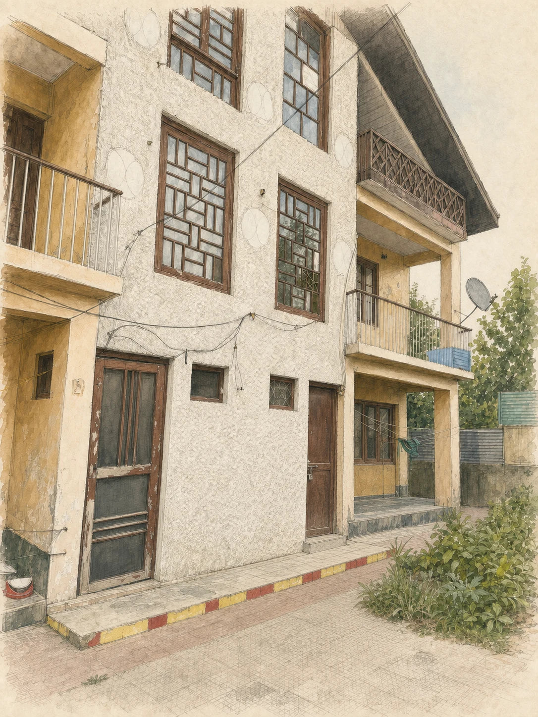Ink-and-wash architectural study of the Rajbagh house with no people in the foreground