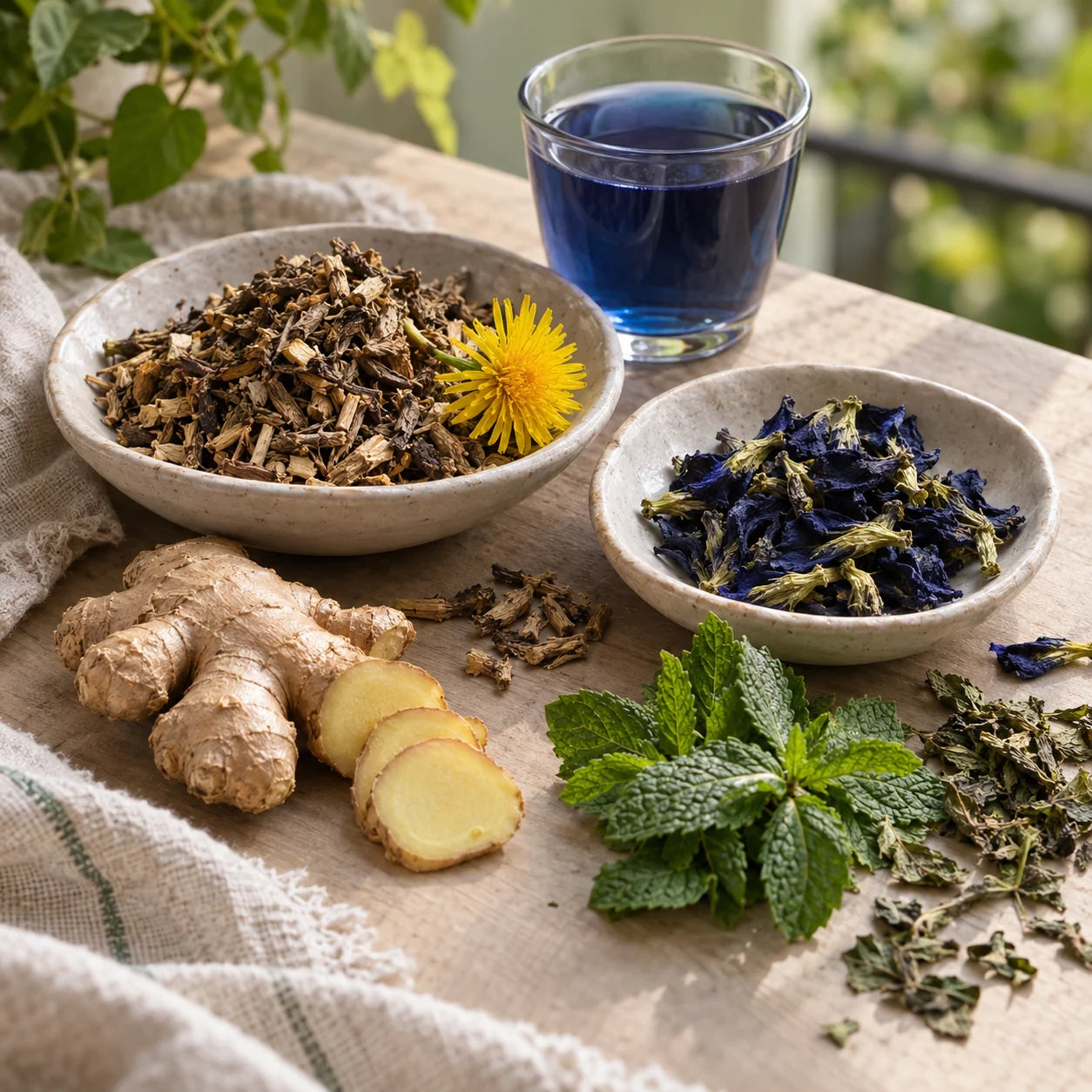 Sweet Dandelion ingredients: Dandelion, Ginger, Blue Pea, Spearmint.