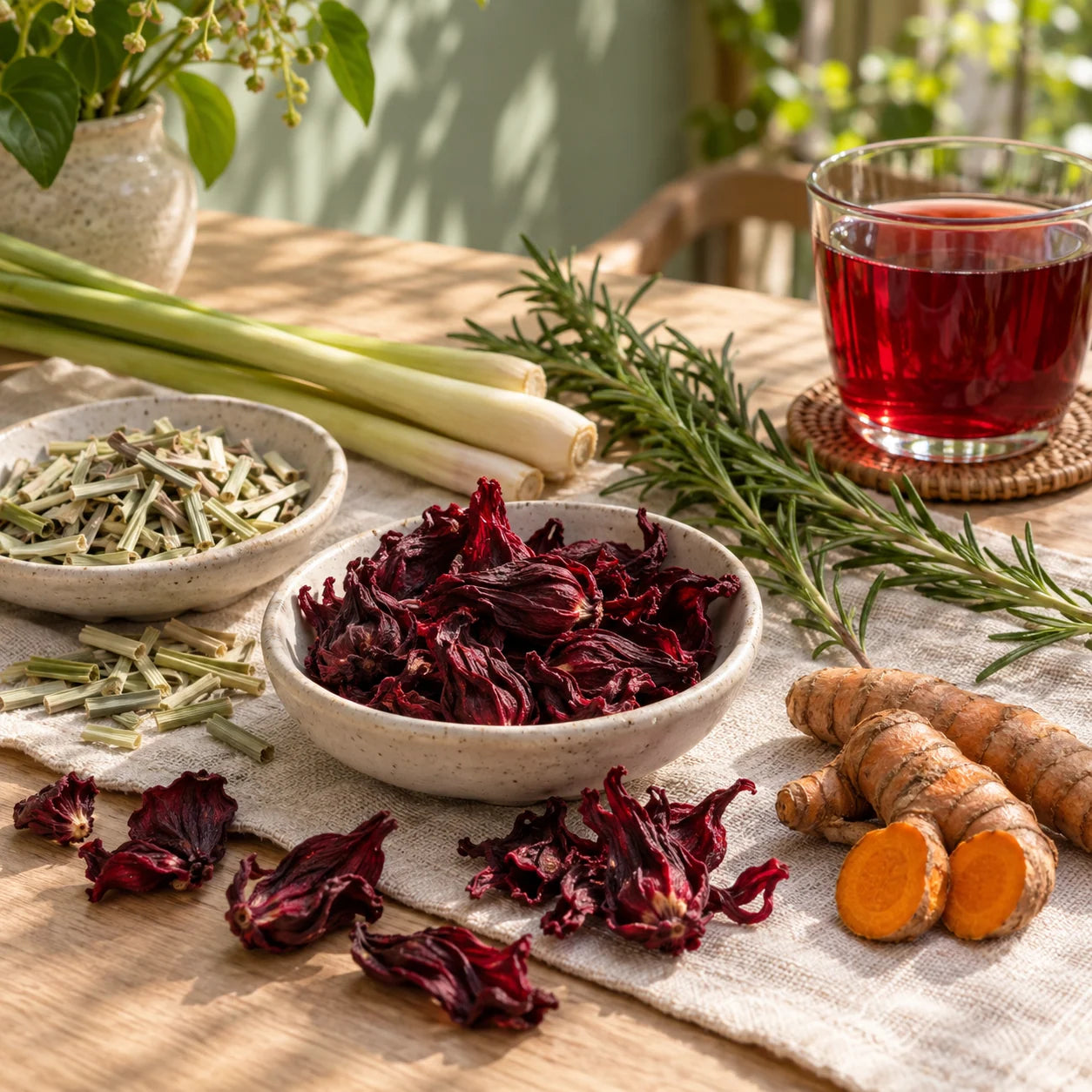 Hibiscus Zing ingredients: Hibiscus, Rosemary, Turmeric, Lemongrass.