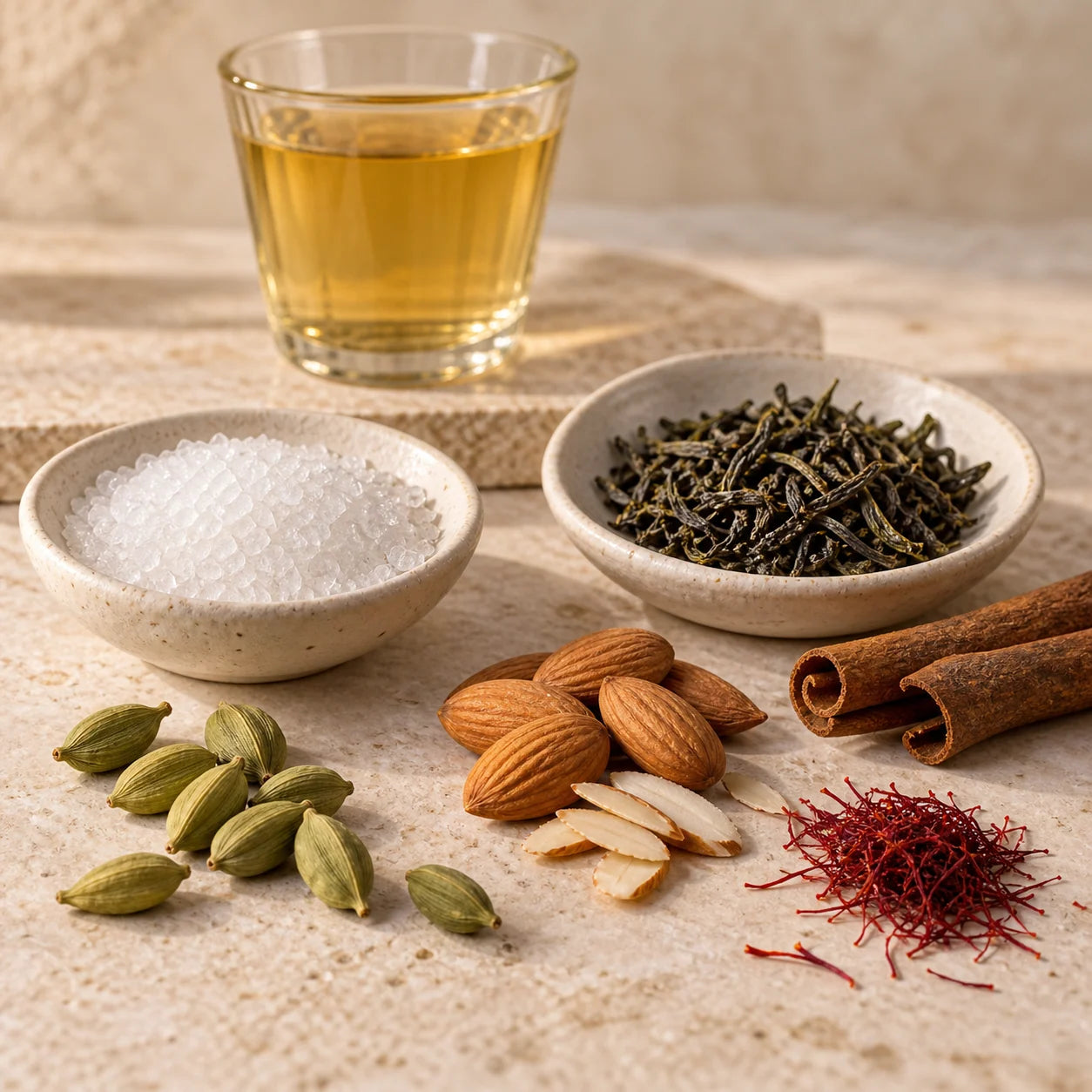 Kehwah — Sugar ingredients: Sugar, Cardamom, Almonds, Cinnamon, Green Tea, Saffron.
