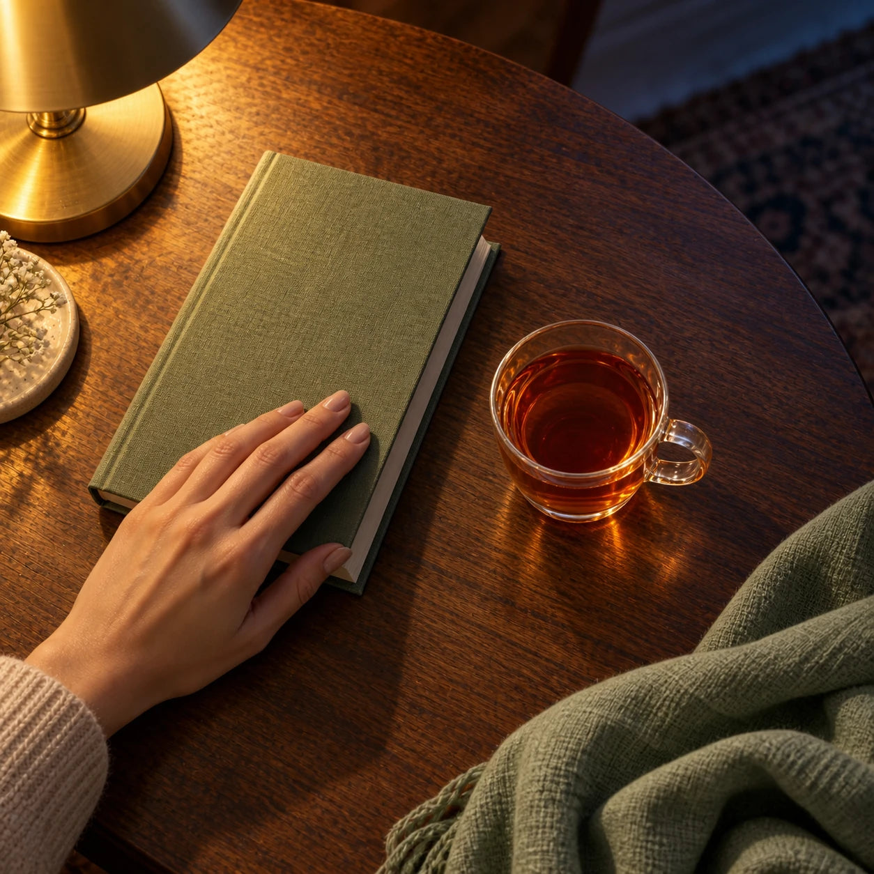 A hand closing a book beside amber Jasmine Rooibos in lamplight.