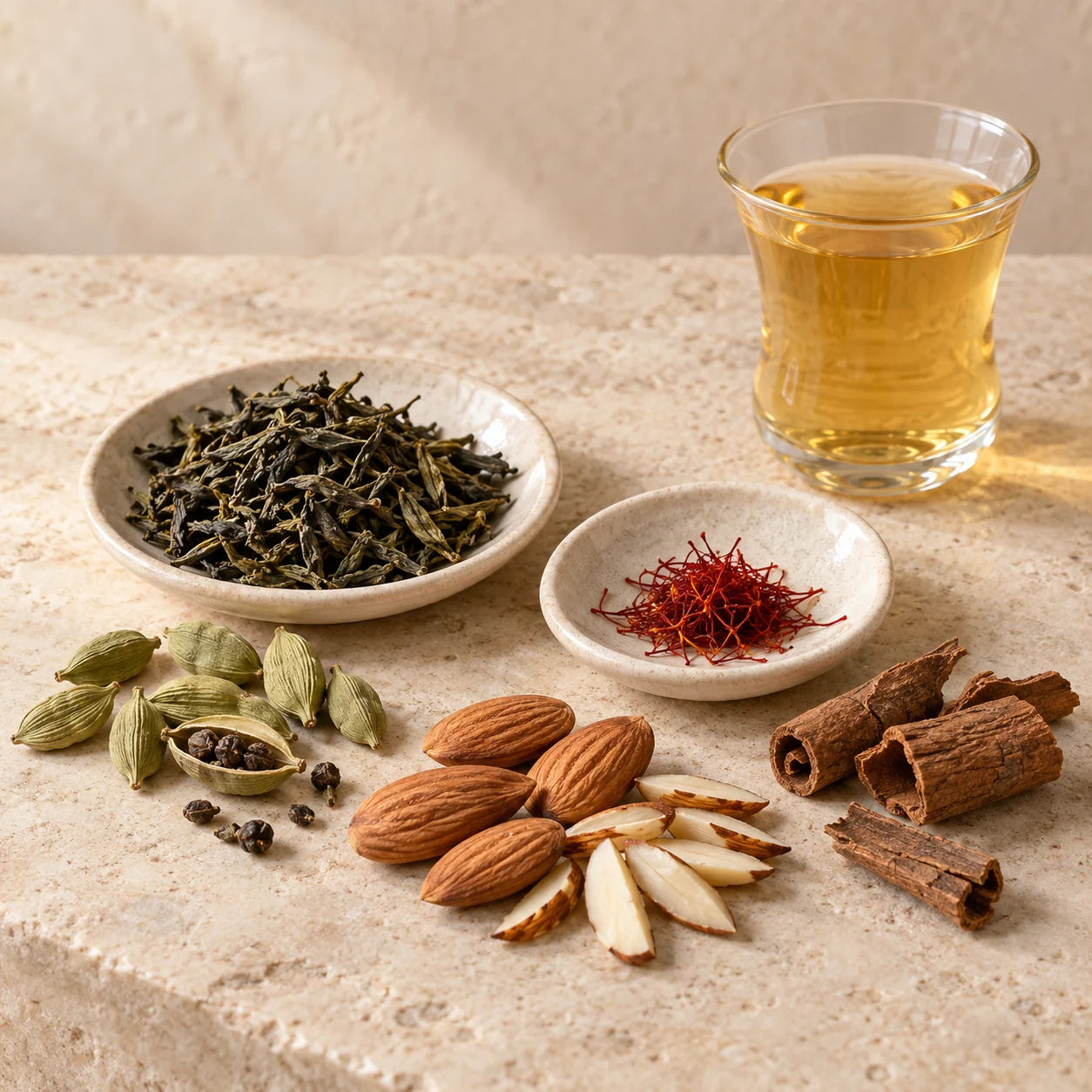 Kashmiri Kehwah ingredients: Cardamom, Almonds, Cinnamon, Green Tea, Saffron.