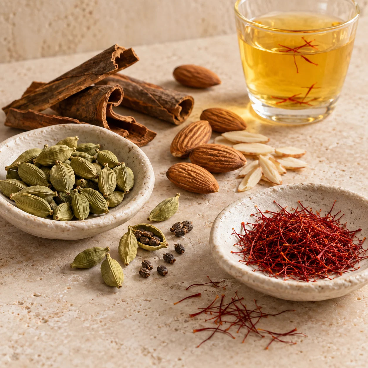 Kesar Kehwah ingredients: Cardamom, Almonds, Cinnamon, Saffron.