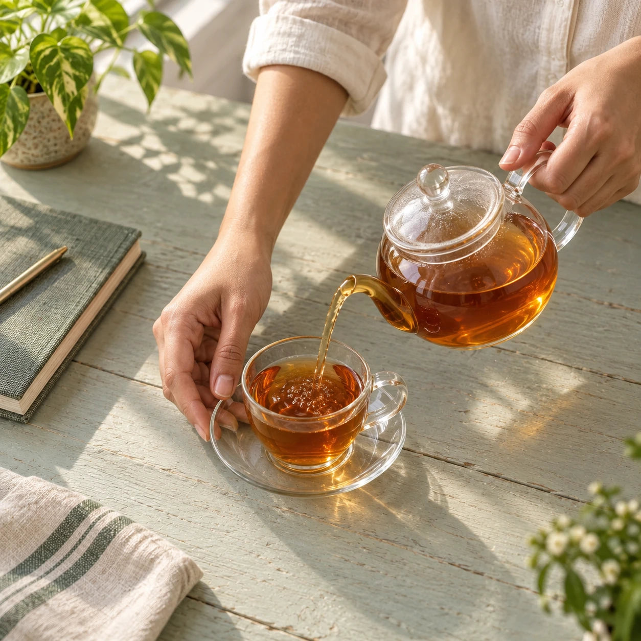 Hands pouring amber Mint Focus tea into a glass cup on a sage table.