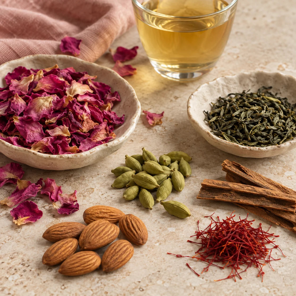 Rose Kehwah ingredients: Rose, Cardamom, Almonds, Cinnamon, Green Tea, Saffron.